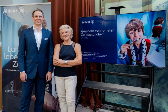 Jörg Hipp und Birgit Vetter-Scheidl präsentierten das Allianz-Gesundheitsbarometer 2026 (Bild: Allianz/Cardes) Jörg Hipp und Birgit Vetter-Scheidl präsentierten das Allianz-Gesundheitsbarometer 2026 (Bild: Allianz/Cardes)