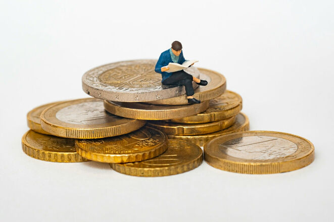 Figut mit Buch sitzt auf Stapel Euro-Münzen (Bild: Mathieu Stern) Figut mit Buch sitzt auf Stapel Euro-Münzen (Bild: Mathieu Stern)