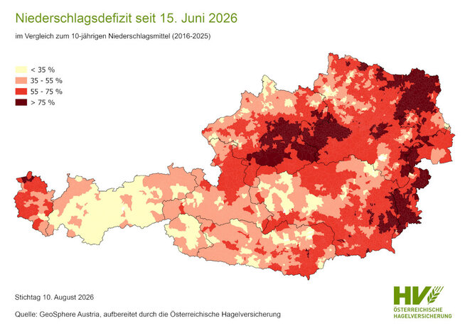 Niederschlagsdefizite in Österreich, 15. Juni bis 10. August 2026 (Grafik: ÖVH) Niederschlagsdefizite in Österreich, 15. Juni bis 10. August 2026 (Grafik: ÖVH)