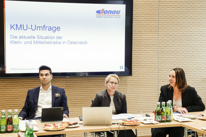 Donau-Vorstandsmitglied Franz Josef Zeiler, Donau-Generaldirektorin Judit Havasi und Meinungsforscherin Christian Matzka präsentierten am Mittwoch Ergebnisse der KMU-Umfrage 2025 (v.l.n.r.; Bild: Donau/APA-Fotoservice/Reither)
