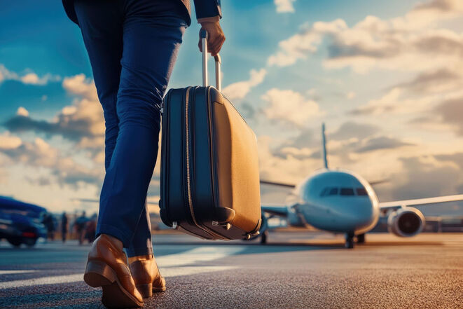 Reisender mit Koffer auf dem Weg zum Flugzeug (Bild: Kp Yamu Jayanath)